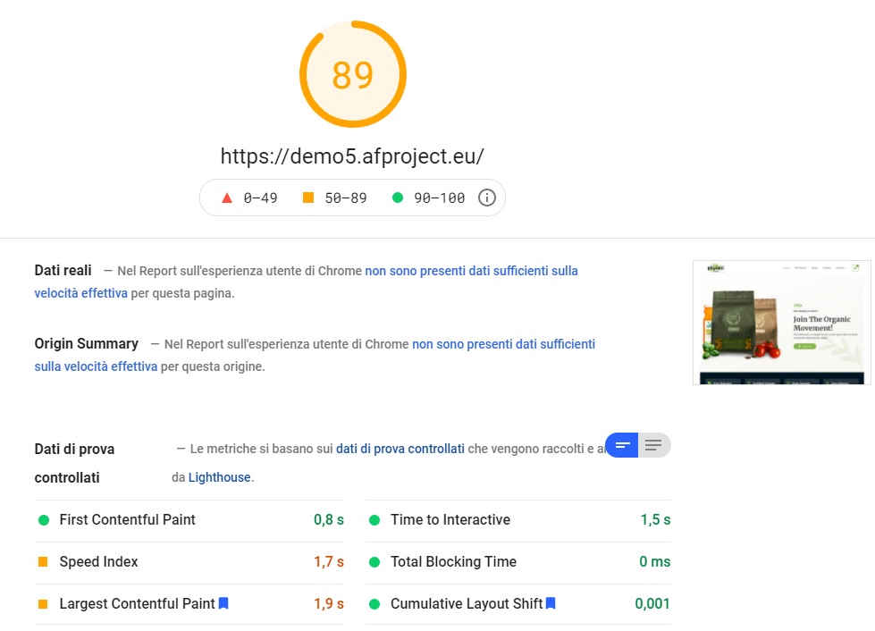 Report Google Page Speed Desktop dopo ottimizzazione